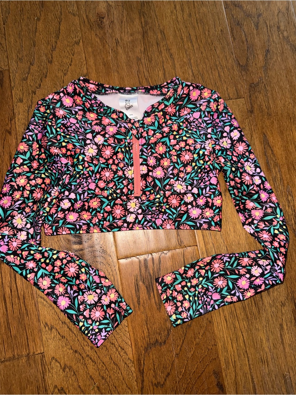 (8) Girls Floral Long Sleeve Rash Guard Crop Top - Pink, Coral, Teal on Black